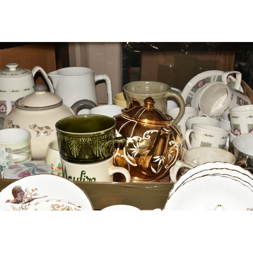 505 - FIVE BOXES OF MIXED CERAMIC KITCHENWARE to include a box of Booths Ribstone Ware comprising three tu... 