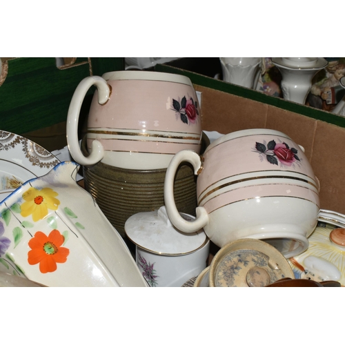 505 - FIVE BOXES OF MIXED CERAMIC KITCHENWARE to include a box of Booths Ribstone Ware comprising three tu... 