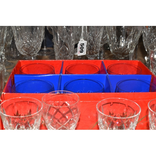 509 - A GROUP OF MAINLY CRYSTAL CUT GLASSES FROM NAMED MANUFACTURERS to include a box of six Dema gilded a... 