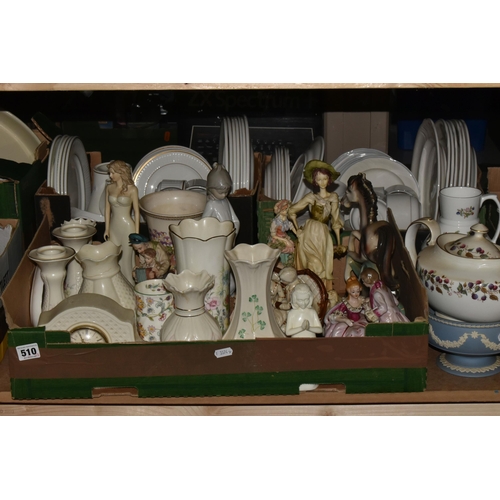 510 - FOUR BOXES AND LOOSE CERAMICS FROM NAMED MANUFACTURERS to include three small Belleek vases (repair ... 