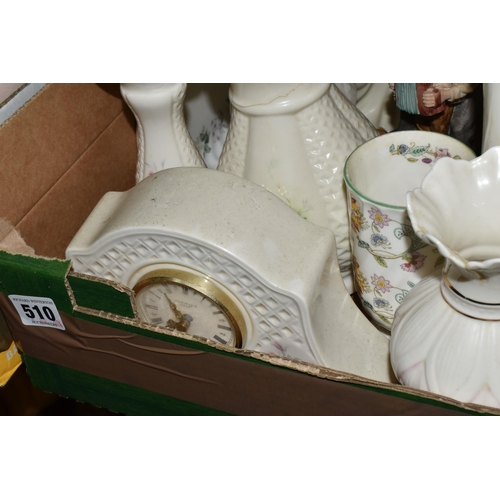 510 - FOUR BOXES AND LOOSE CERAMICS FROM NAMED MANUFACTURERS to include three small Belleek vases (repair ... 