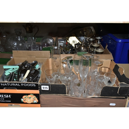 515 - FOUR BOXES AND LOOSE ASSORTED GLASS AND METALWARE to include a Royal Doulton glass vase, a Royal Alb... 