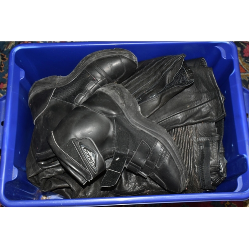 516 - TWO BOXES OF MOTOR BIKE CLOTHING to include a pair of size 34 J & S leather bikers trousers, a pair ... 