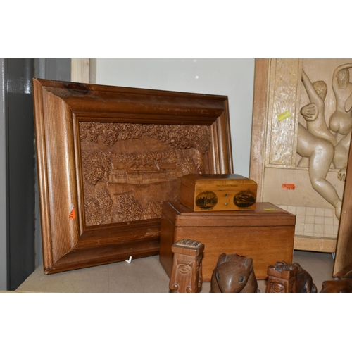 519 - A COLLECTION OF TREEN, comprising six carved wood wall plaques carved signature to the back 'SamL' (... 