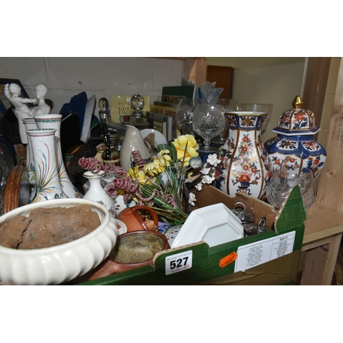 527 - TWO BOXES AND LOOSE CERAMICS AND GLASSWARE, to include a Crown Devon 'Fuchsia' vase 6111, a Wedgwood... 