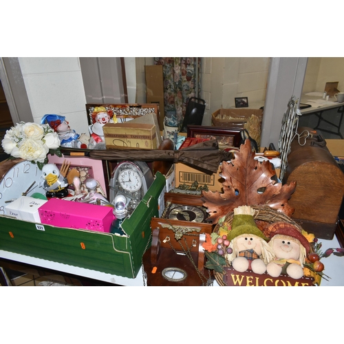 531 - THREE BOXES AND LOOSE MISCELLANEOUS SUNDRIES, to include a Singer sewing machine, a part finished ne... 