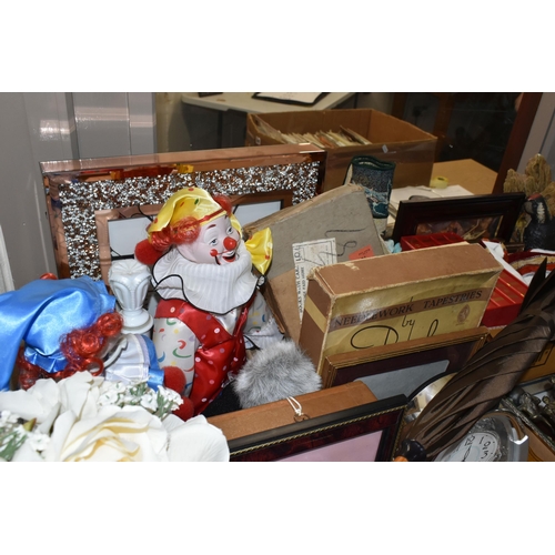 531 - THREE BOXES AND LOOSE MISCELLANEOUS SUNDRIES, to include a Singer sewing machine, a part finished ne... 