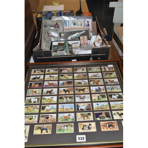 532 - ONE BOX AND THREE FRAMED COLLECTIONS OF CIGARETTE CARDS, to include a framed set of Dogs series No.4... 