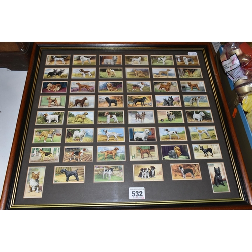 532 - ONE BOX AND THREE FRAMED COLLECTIONS OF CIGARETTE CARDS, to include a framed set of Dogs series No.4... 