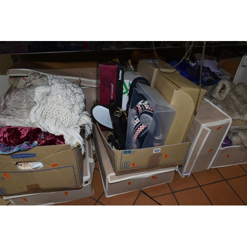 533 - SEVEN BOXES AND LOOSE LADIES' CLOTHING AND ACCESSORIES, to include a faux fur jacket, shoes, dresses... 