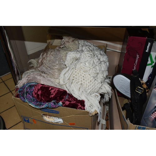 533 - SEVEN BOXES AND LOOSE LADIES' CLOTHING AND ACCESSORIES, to include a faux fur jacket, shoes, dresses... 