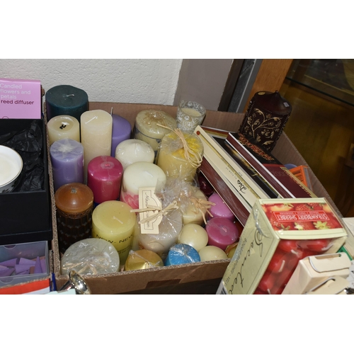 535 - FIVE BOXES OF CANDLES, ROOM FRAGRANCES AND DIFFUSERS, to include a large quantity of tea light candl... 