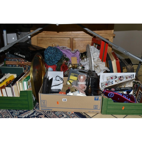 538 - SIX BOXES AND LOOSE BOOKS AND SUNDRIES, to include a table top Christmas tree, a box of Christmas li... 