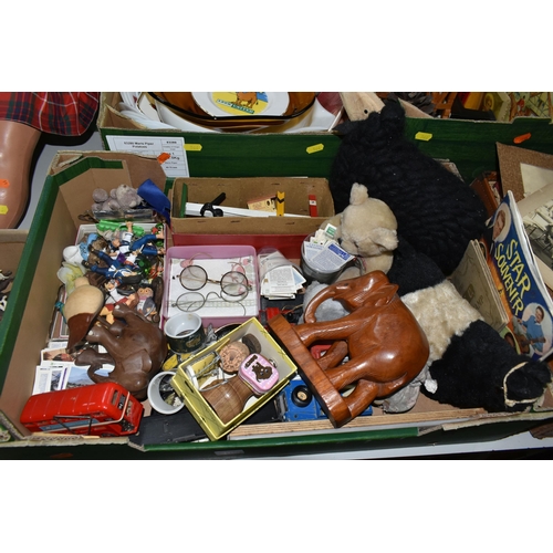 566 - SIX BOXES AND LOOSE TOYS AND SUNDRY ITEMS, to include a composition red haired doll height 63cm, a b... 