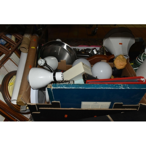 568 - TWO BOXES AND LOOSE METALWARE AND SUNDRY ITEMS, to include a copper planter, walking sticks and walk... 