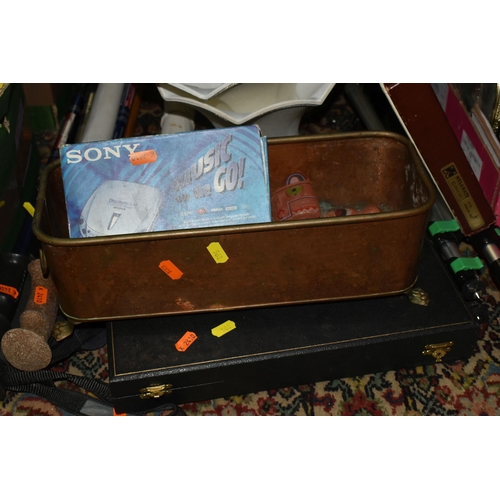 568 - TWO BOXES AND LOOSE METALWARE AND SUNDRY ITEMS, to include a copper planter, walking sticks and walk... 