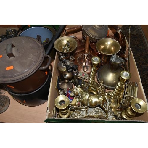 569 - TWO BOXES AND LOOSE METALWARE, to include three enamelled saucepans, one marked 'Judge Ware', a bras... 