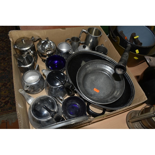 569 - TWO BOXES AND LOOSE METALWARE, to include three enamelled saucepans, one marked 'Judge Ware', a bras... 