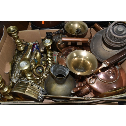 569 - TWO BOXES AND LOOSE METALWARE, to include three enamelled saucepans, one marked 'Judge Ware', a bras... 