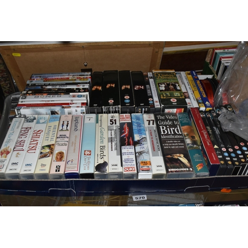 570 - SIX BOXES OF CDS, DVDS, CD-ROMS AND VHS TAPES, to include over two hundred CDs by artists to include... 