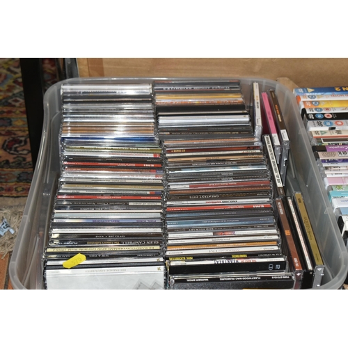 570 - SIX BOXES OF CDS, DVDS, CD-ROMS AND VHS TAPES, to include over two hundred CDs by artists to include... 