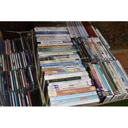 570 - SIX BOXES OF CDS, DVDS, CD-ROMS AND VHS TAPES, to include over two hundred CDs by artists to include... 