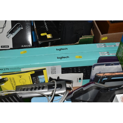 574 - FOUR BOXES AND LOOSE ELECTRICAL AND COMPUTING ITEMS to include two iPad minis, model A1489 in Slate ... 