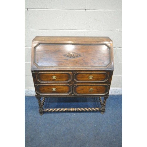 1187 - AN EARLY TO MID 20TH CENTURY OAK BARLEY TWIST BUREAU, with four drawers, width 91cm x depth 41cm x h... 