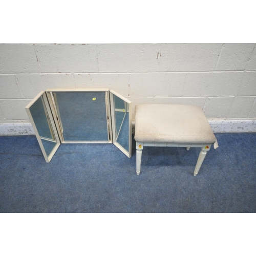 1191 - A WHITE PAINTED 5FT BEDSTEAD, with side rails, slats and bolts, along with a dressing table, a chest... 