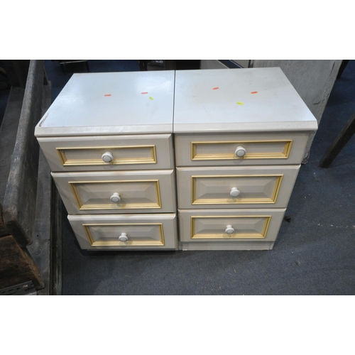 1191 - A WHITE PAINTED 5FT BEDSTEAD, with side rails, slats and bolts, along with a dressing table, a chest... 