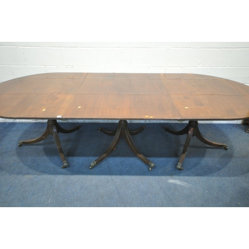 1198 - A 20TH CENTURY MAHOGANY TRIPLE PEDESTAL OVAL DINING TABLE, length 276cm x closed length 184cm x dept... 