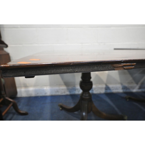 1198 - A 20TH CENTURY MAHOGANY TRIPLE PEDESTAL OVAL DINING TABLE, length 276cm x closed length 184cm x dept... 