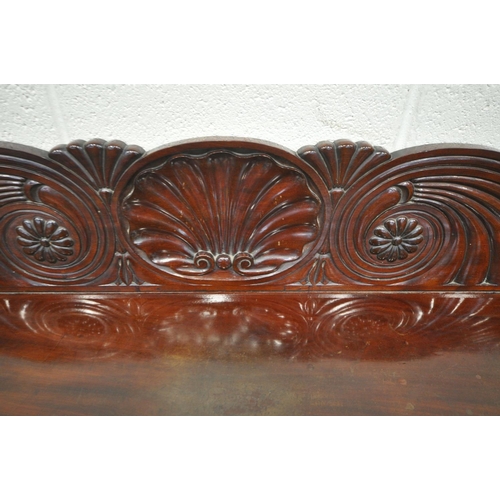 1199 - A 19TH CENTURY MAHOGANY TWIN PEDESTAL SIDEBOARD, the raised back with scrolled and shell decorations... 