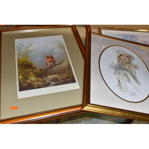 299 - A QUANTITY OF PICTURES AND PRINTS ETC, to include a hand painted porcelain plaque of a Bullfinch by ... 