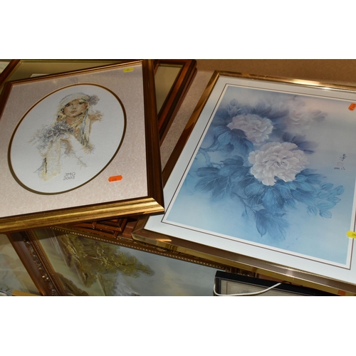 299 - A QUANTITY OF PICTURES AND PRINTS ETC, to include a hand painted porcelain plaque of a Bullfinch by ... 