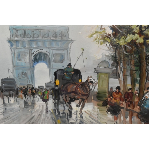 300 - TWO LATE 20TH CENTURY FRENCH STREET SCENES, one depicting a triumphal arch to the background, both i... 