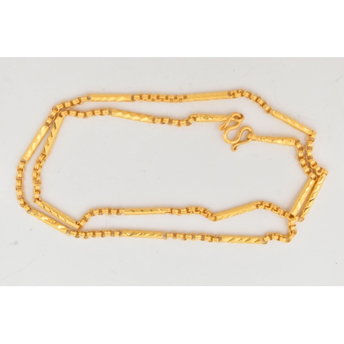 150 - A YELLOW METAL FANCY LINK CHAIN, fitted with an M hook clasp, approximate length 395mm, stamped %99,... 