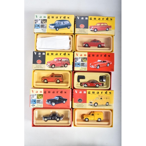 11 - TWELVE BOXED 1:43 SCALED VANGUARDS DIECAST MODEL VEHICLES, the first a limited edition Triumph TR3A,... 