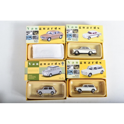 12 - EIGHT BOXED VANGUARDS 1:43 SCALE DIECAST MODEL VEHICLES, the first is a VA04404 Snowberry White/Maro... 