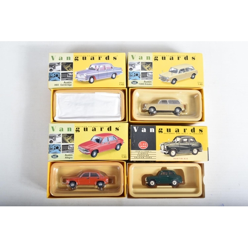 12 - EIGHT BOXED VANGUARDS 1:43 SCALE DIECAST MODEL VEHICLES, the first is a VA04404 Snowberry White/Maro... 