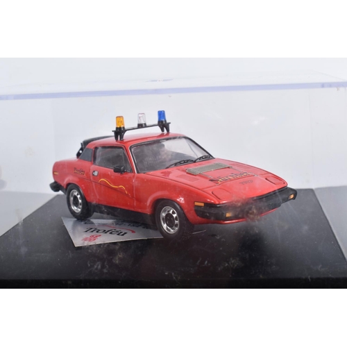 18 - SEVEN BOXED TROFEU 1/43 SCALE DIECAST TRIUMPH TR7 SPORTS CAR MODELS, to include three assorted rally... 