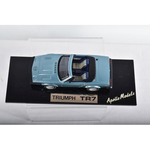 22 - FOUR BOXED TRIUMPH TR7 AND TR8 SPORTS CAR MODELS, all 1/43 white metal kits that have been construct... 