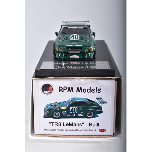 22 - FOUR BOXED TRIUMPH TR7 AND TR8 SPORTS CAR MODELS, all 1/43 white metal kits that have been construct... 