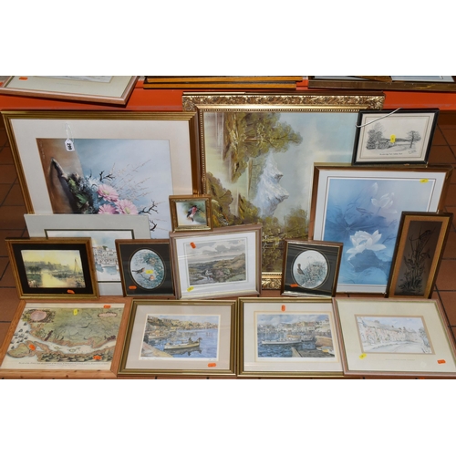 299 - A QUANTITY OF PICTURES AND PRINTS ETC, to include a hand painted porcelain plaque of a Bullfinch by ... 