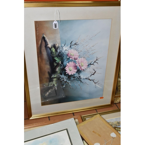 299 - A QUANTITY OF PICTURES AND PRINTS ETC, to include a hand painted porcelain plaque of a Bullfinch by ... 