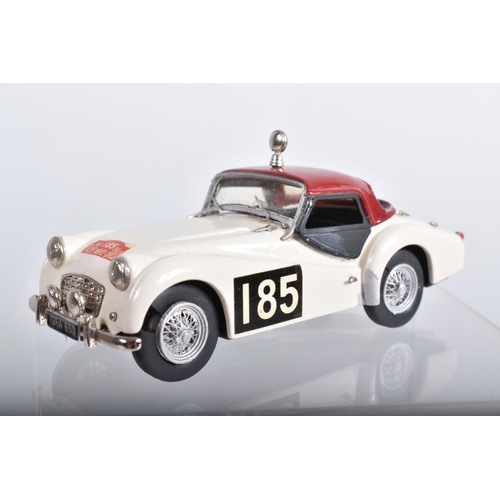 66 - SIX BOXED TRIUMPH TR3, TR3A & TR3B SPORTS CAR MODELS,  all 1/43 scale, K & R Replicas red open top w... 