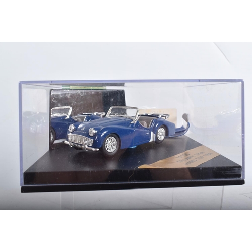 66 - SIX BOXED TRIUMPH TR3, TR3A & TR3B SPORTS CAR MODELS,  all 1/43 scale, K & R Replicas red open top w... 