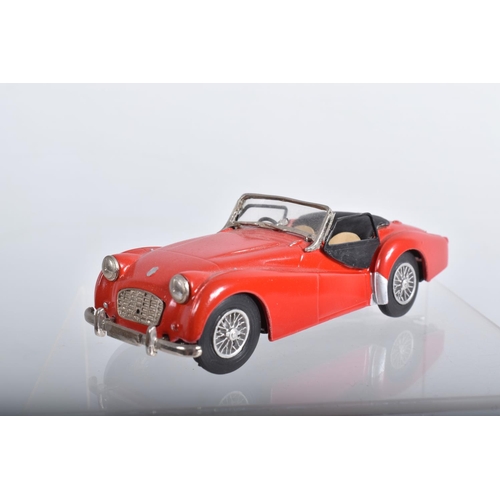 66 - SIX BOXED TRIUMPH TR3, TR3A & TR3B SPORTS CAR MODELS,  all 1/43 scale, K & R Replicas red open top w... 