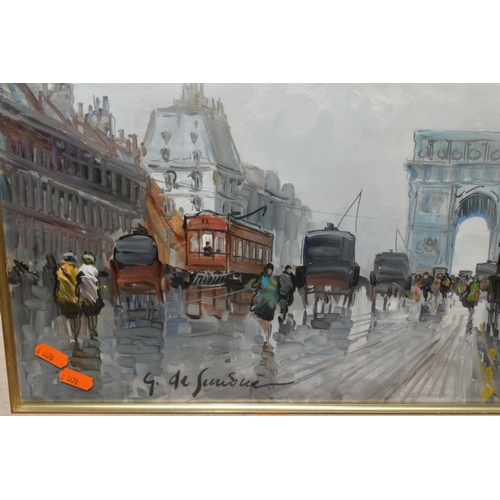 300 - TWO LATE 20TH CENTURY FRENCH STREET SCENES, one depicting a triumphal arch to the background, both i... 