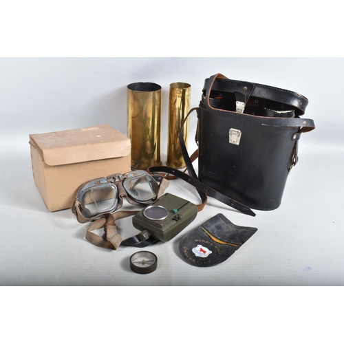 412 - A BOX OF MILITARIA TO INCLUDE a gas mask in its original cardboard box, small compass, a hand held s... 